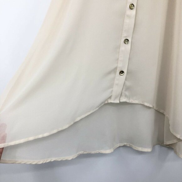 Monteau Top Cream Cold Shoulder High Low Sheer Chiffon Button Up Short Sleeve M - Picture 7 of 9
